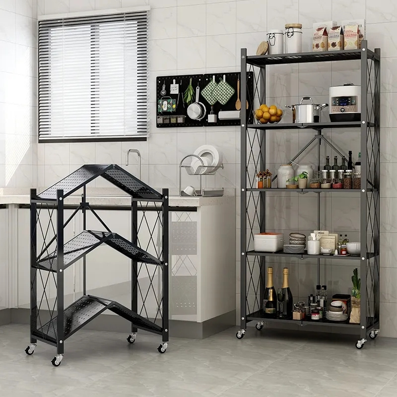 Modern Foldable Metal Steel Rack Kitchen Racks Organizer 5 Tier Storage Shlves with Wheels