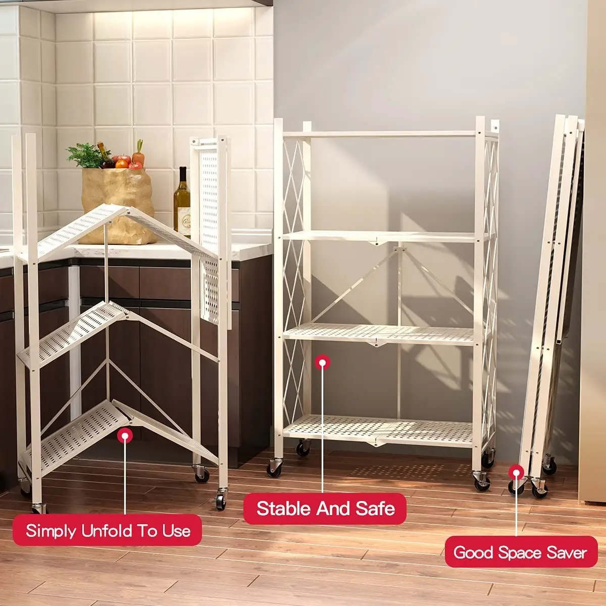 Removable Multifunctional Storage Rack Trolley Rolling Cart Kitchen Storage Holders Folding Rack Shelf with Wheels