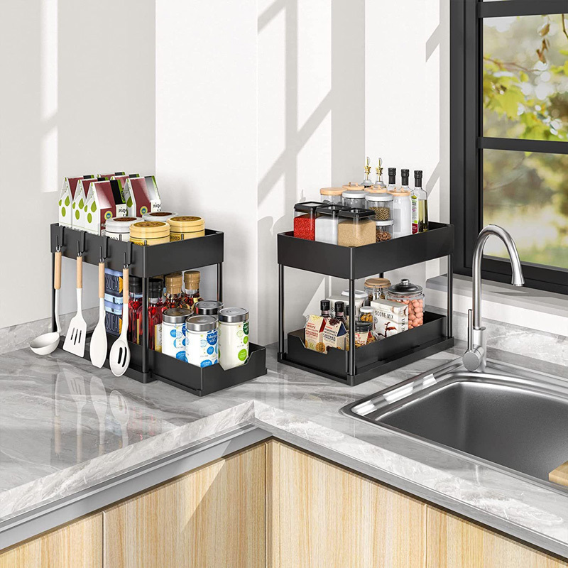 Adjustable Height Under Sink Organizer Pull Out Bathroom Cabinet Storage Rack ABS+PP 2 Tier Under Kitchen Organizer