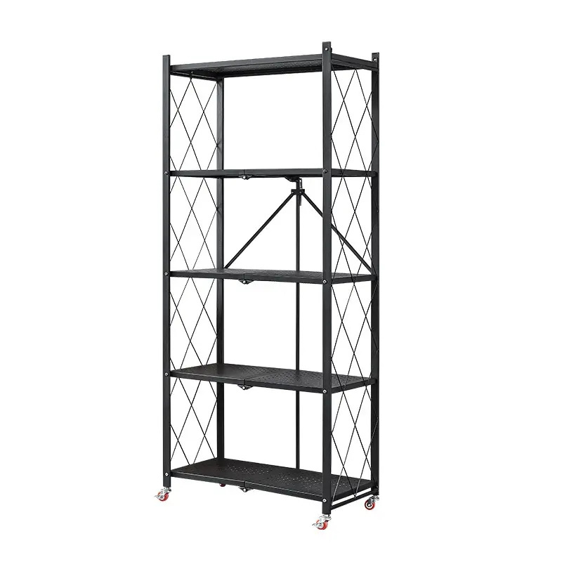 Multi-functional Foldable Multi Layer Shelves Kitchen Vegetable Metal Steel 5 Tier Folding Storage Rack with Wheels