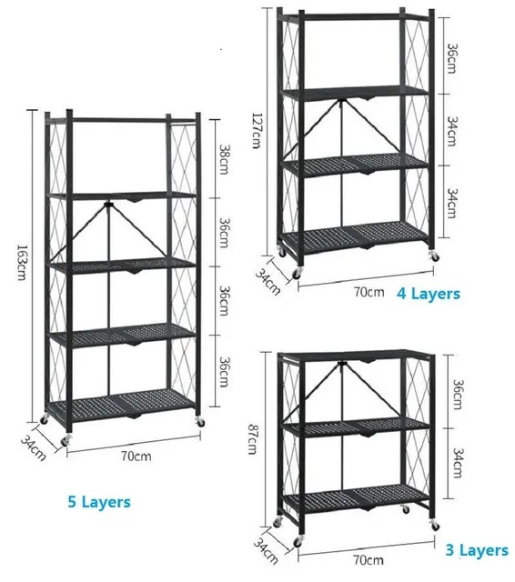 Multilayer Steel Metal Wire Storage Shelving & Units Hand Trolley Home Kitchen Metal Foldable 5 tier  Storage Rack