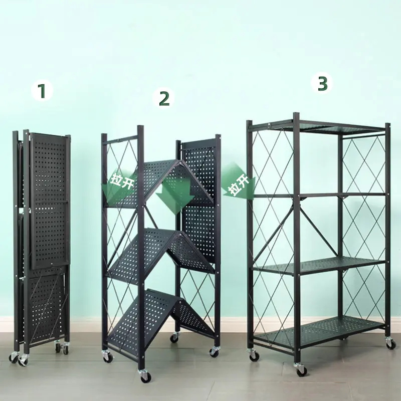 Multi-functional Foldable Multi Layer Shelves Kitchen Vegetable Metal Steel 5 Tier Folding Storage Rack with Wheels