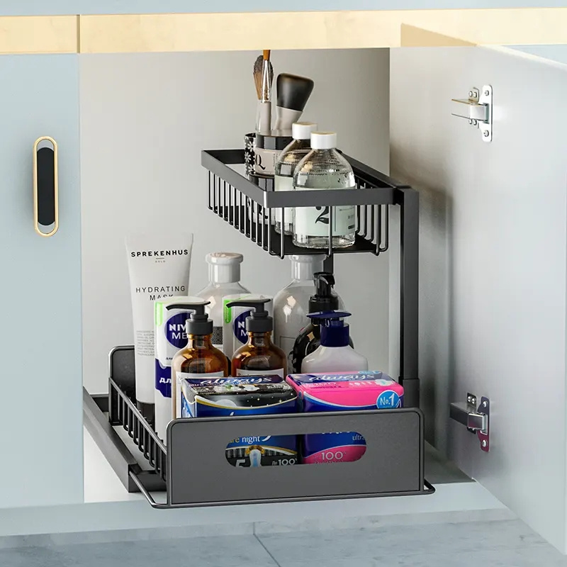 New Design Storage Holders Racks Spice Racks Kitchen Under Sink Carbon Steel Organizers With 2 Tier Sliding Drawers