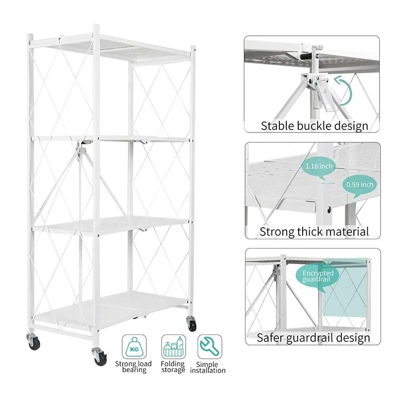 Removable Multifunctional Storage Rack Trolley Rolling Cart Kitchen Storage Holders Folding Rack Shelf with Wheels