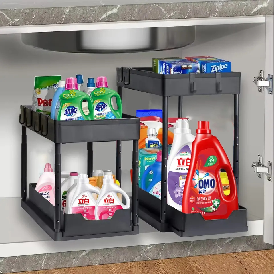 Adjustable Height Under Sink Organizer Pull Out Bathroom Cabinet Storage Rack ABS+PP 2 Tier Under Kitchen Organizer