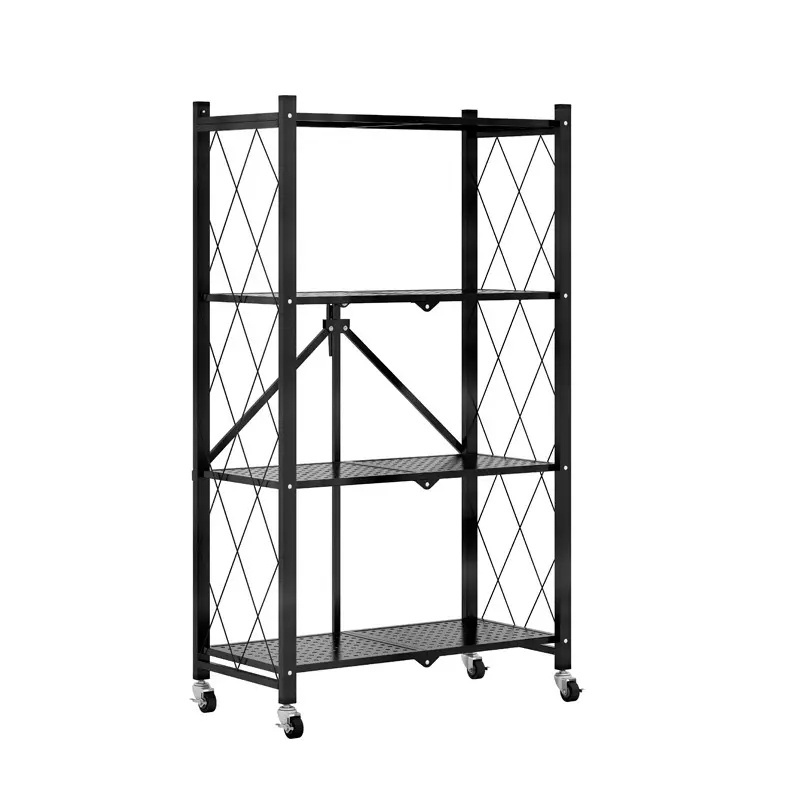 Multi-functional Foldable Multi Layer Shelves Kitchen Vegetable Metal Steel 5 Tier Folding Storage Rack with Wheels