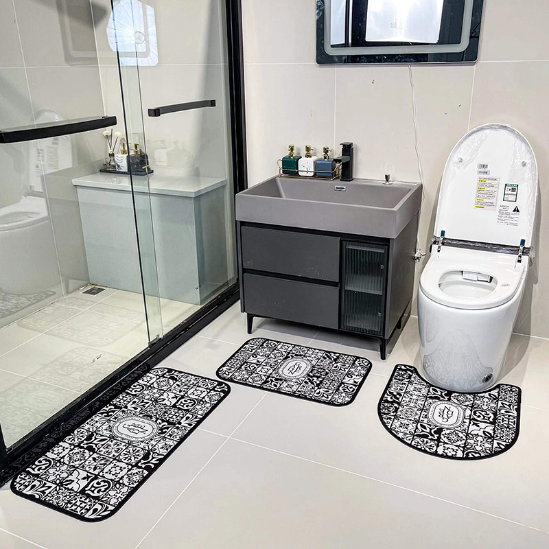 Toilet Seat Cover 3Pcs Set Bath Mat Shower Room Floor Rug Home Bathroom Anti-Slip Absorbent Doormat Pebbles Bathtub Decor Carpet