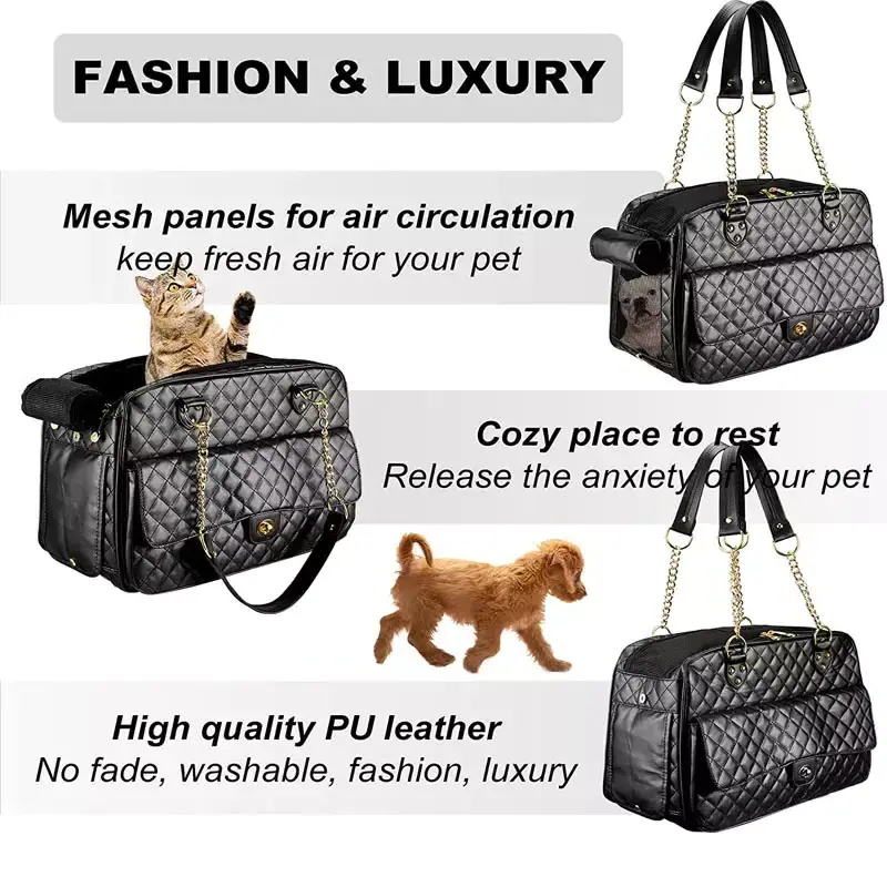 Designer Portable Airline Approved Puppy Purse Carrier Fashion PU Leather Carrier Pet tote Bag For Small Dogs