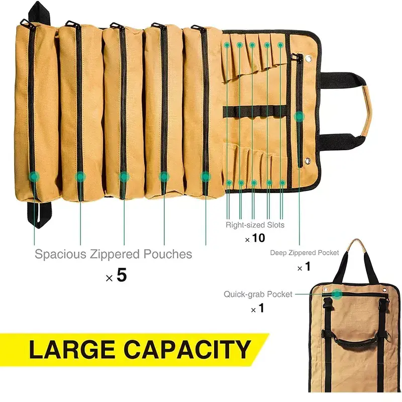 Custom Logo Multi Pockets Easy Carrying  Garden Tool Kit Heavy Duty Canvas Roll Up Bags Rolling Tool Bag Organizer Electrician