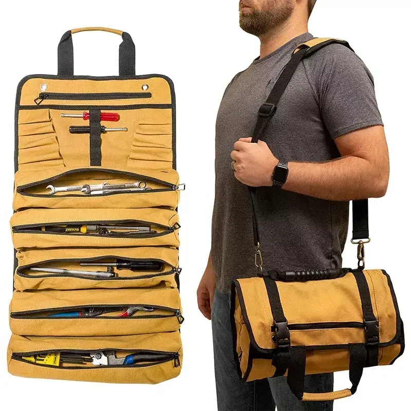 Custom Logo Multi Pockets Easy Carrying  Garden Tool Kit Heavy Duty Canvas Roll Up Bags Rolling Tool Bag Organizer Electrician