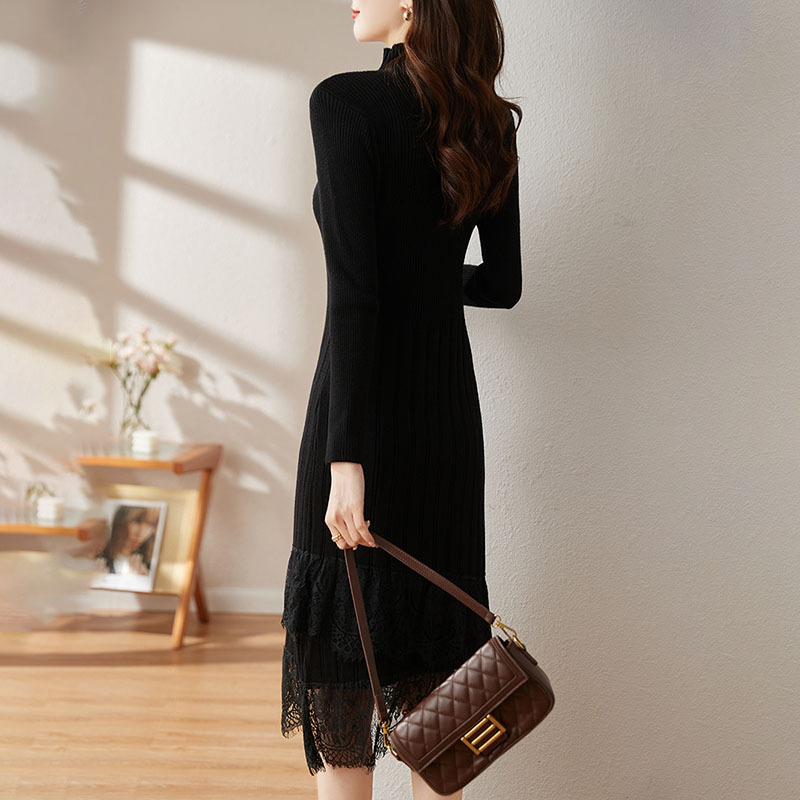 Half turtleneck knitted lace dress Pleated waist long sweater dress for women