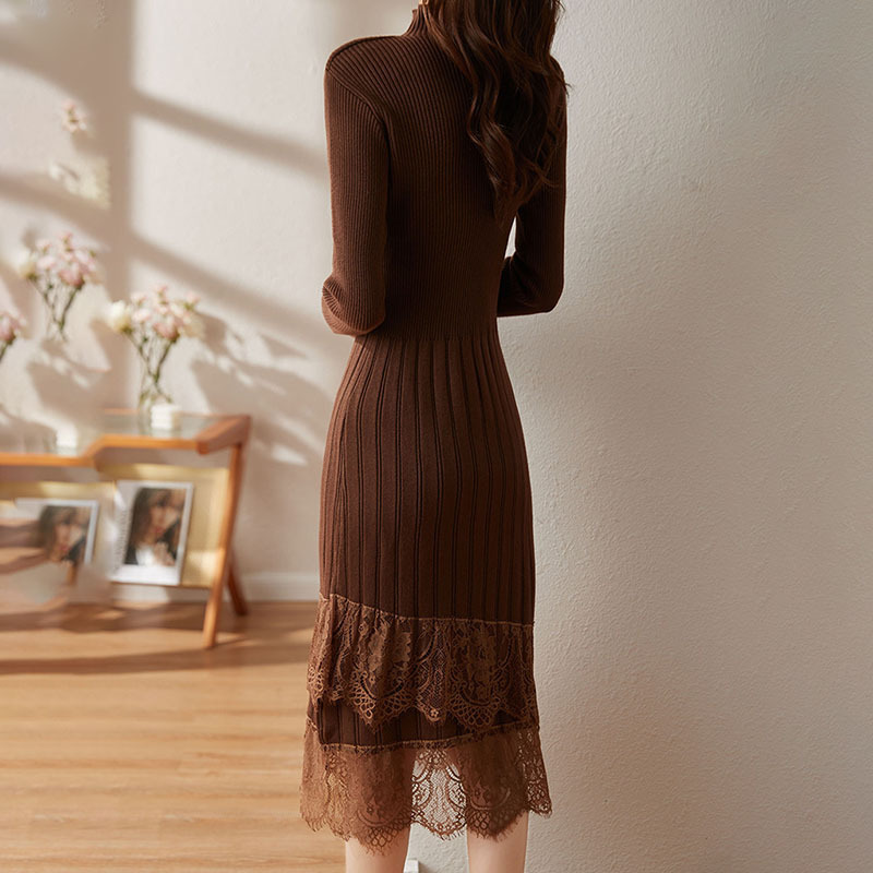 Half turtleneck knitted lace dress Pleated waist long sweater dress for women