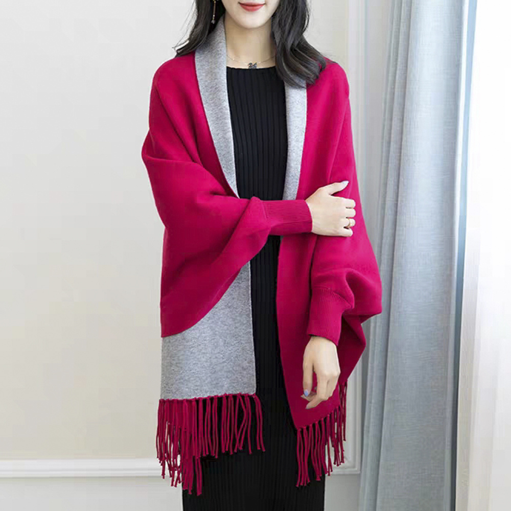 fashion women winter shawl scarf two sides acrylic poncho with sleeves