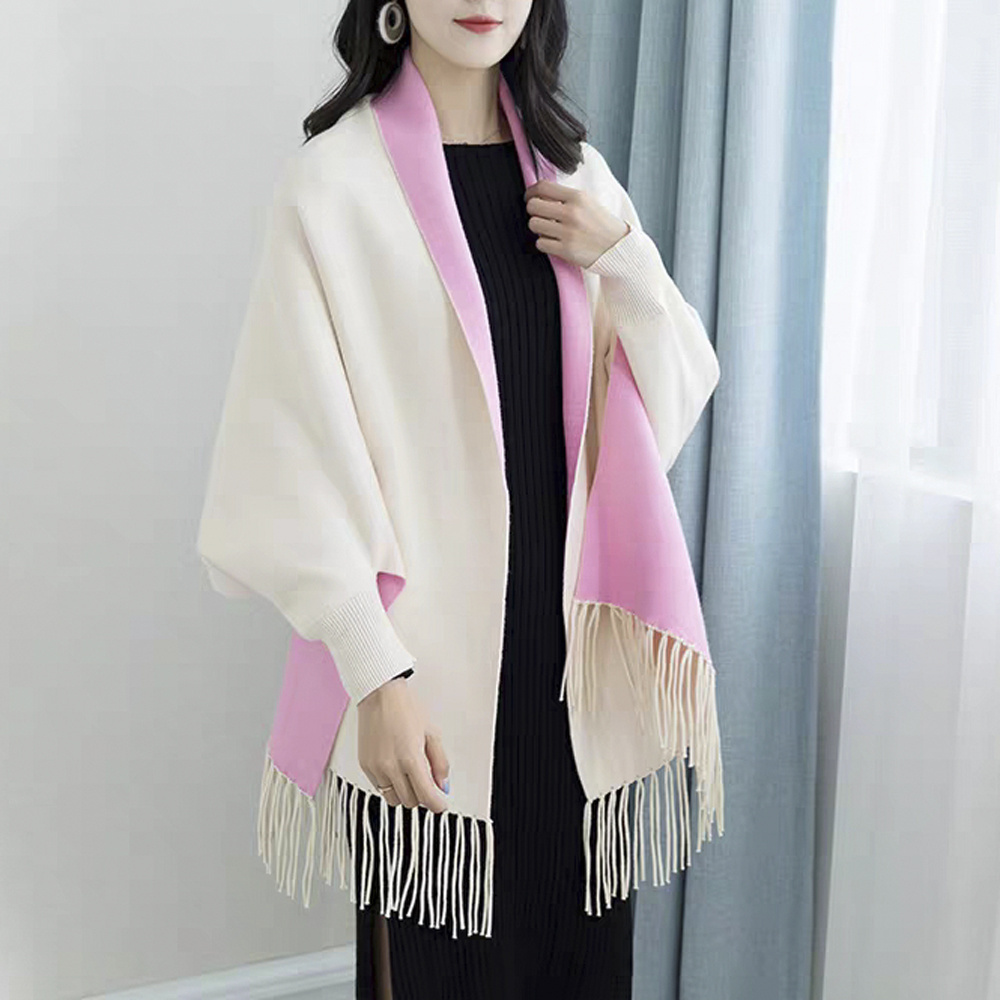 fashion women winter shawl scarf two sides acrylic poncho with sleeves