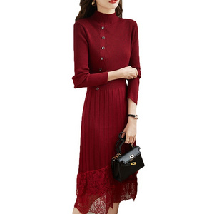 Half turtleneck knitted lace dress Pleated waist long sweater dress for women