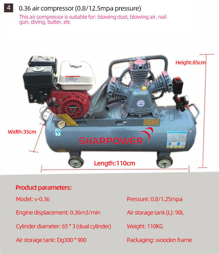 SHARPOWER  100L 50L 150L 200L 300L 500L mini gasoline engine belt driven  italy air compressor for mining