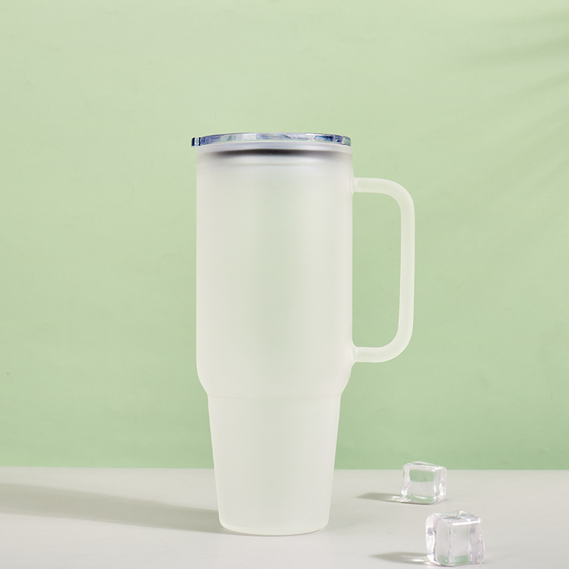 Clear glass 40oz tumbler with handle glass water tumbler forested sublimation mugs with plastic lid