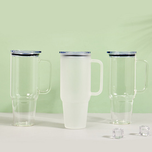 Clear glass 40oz tumbler with handle glass water tumbler forested sublimation mugs with plastic lid