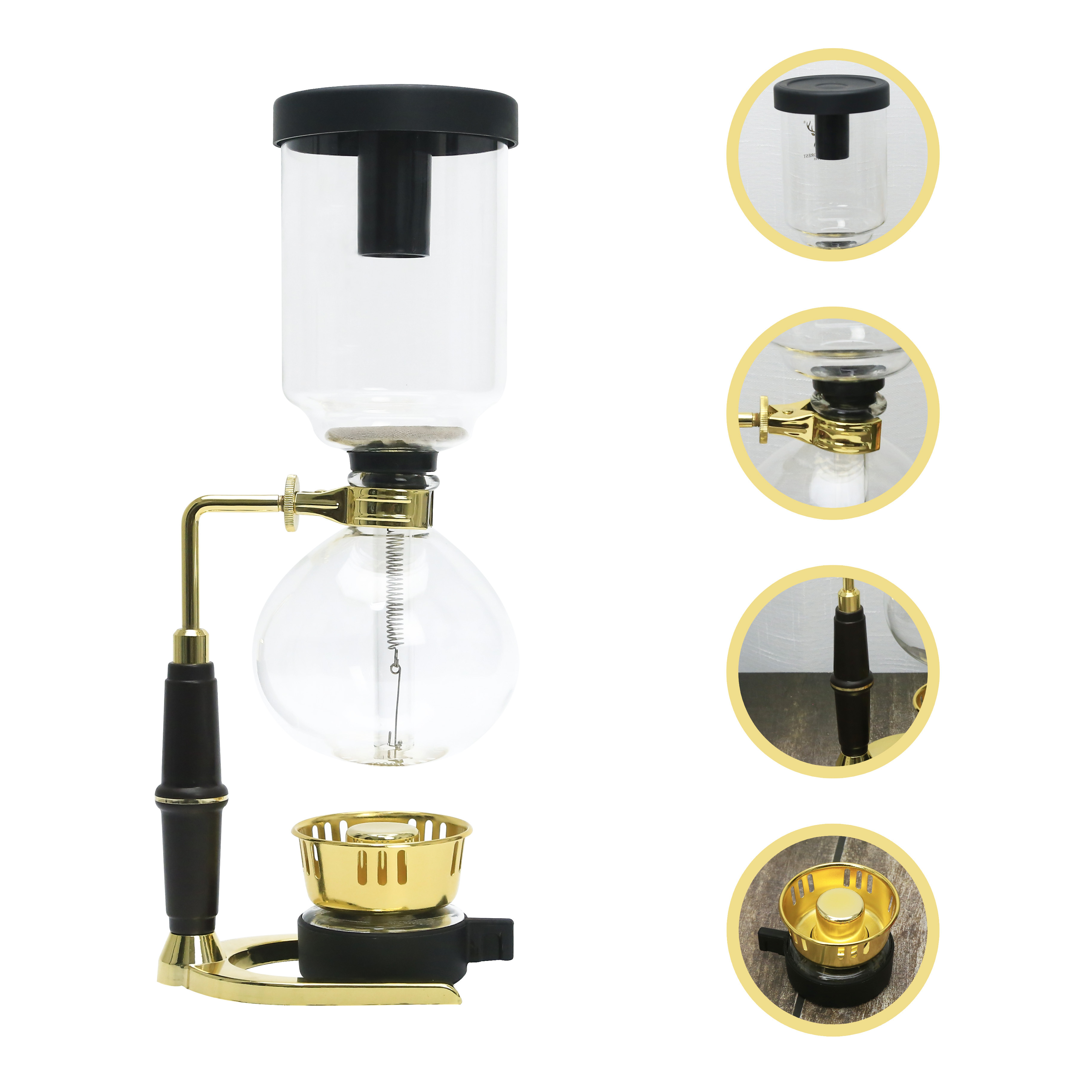 Gold Glass Syphon Coffee Maker, Tabletop Siphon Coffee  Pot with Silicone Handle Alcohol Burner, for Home Office 5-Cup