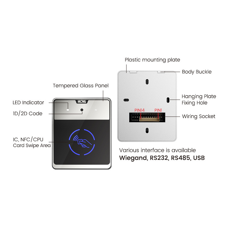 Wiegand 1D 2D IC /NFC Reader 13.56MHz IC Smart Card RFID Reader Wiegand26/34 QR Code Access Control