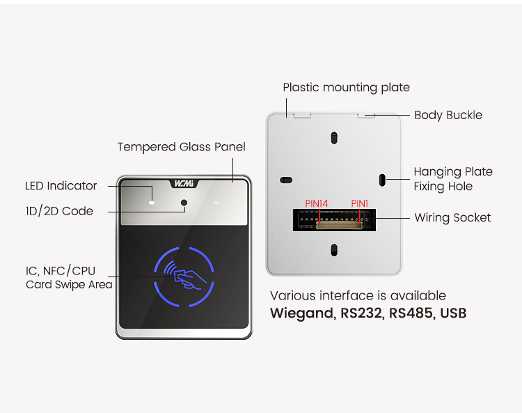 Wiegand 1D 2D IC /NFC Reader 13.56MHz IC Smart Card RFID Reader Wiegand26/34 QR Code Access Control