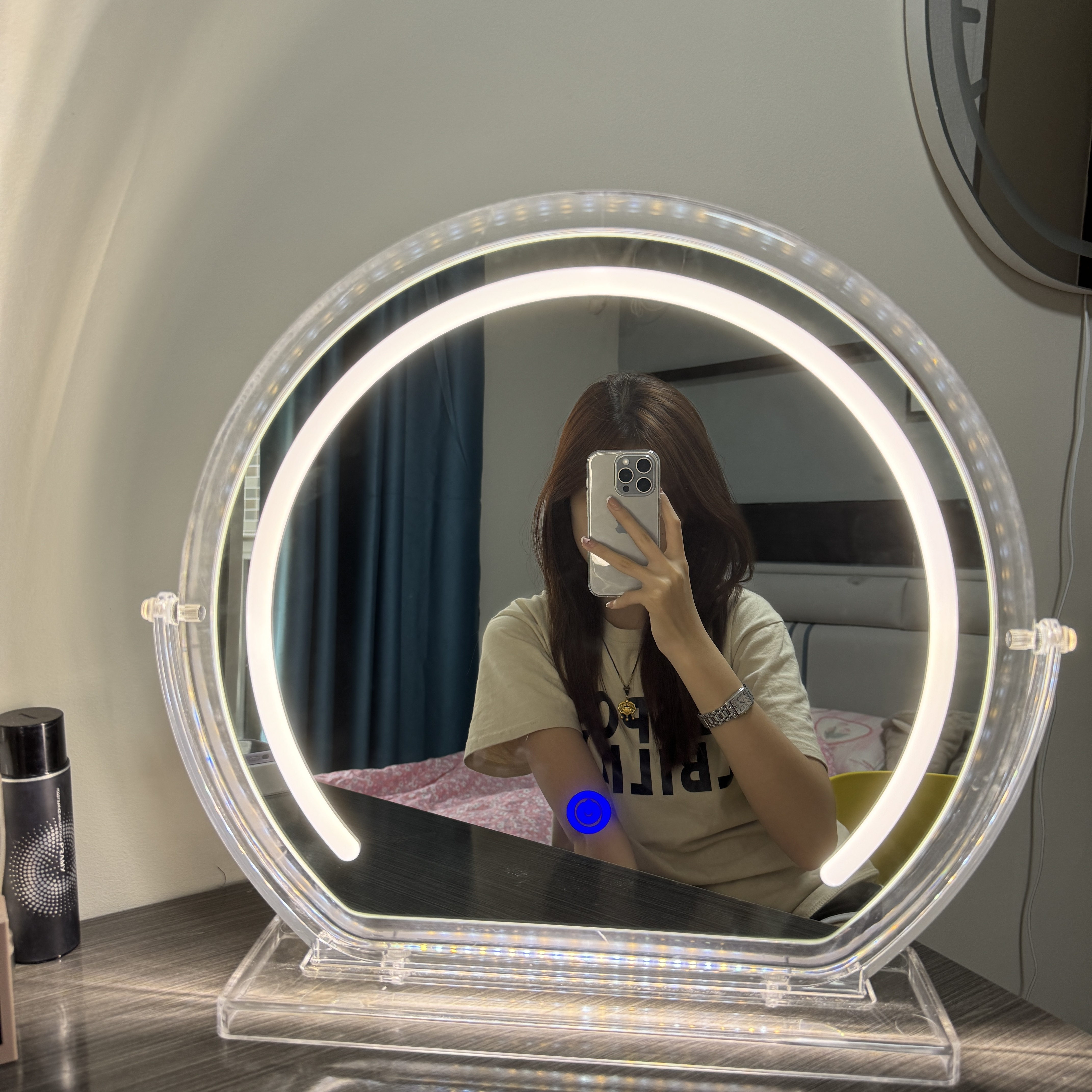 Acrylic bedroom desktop dressing table makeup mirror semicircle led lighting 2023 Hot new  LED Smart vanity mirror