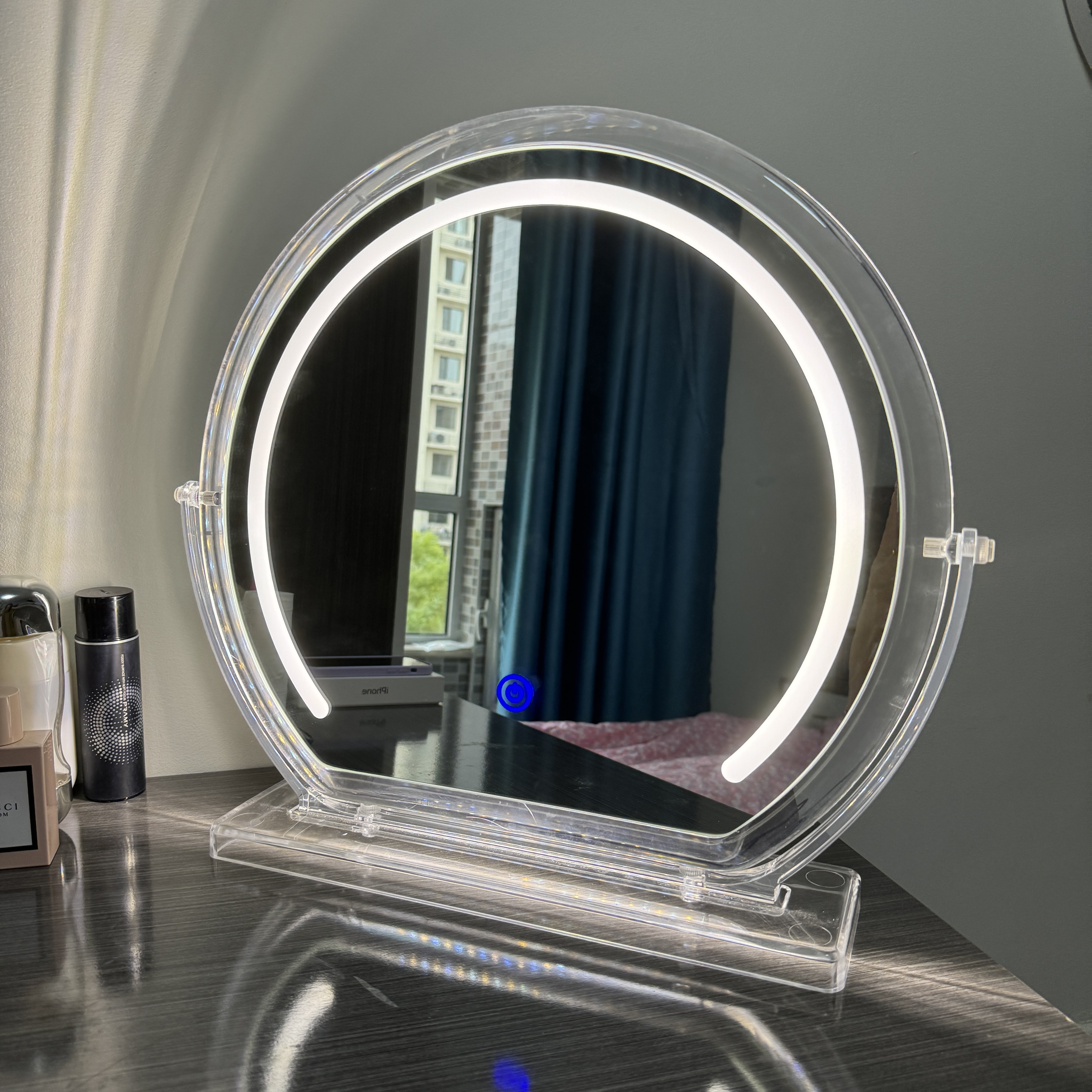 Acrylic bedroom desktop dressing table makeup mirror semicircle led lighting 2023 Hot new  LED Smart vanity mirror