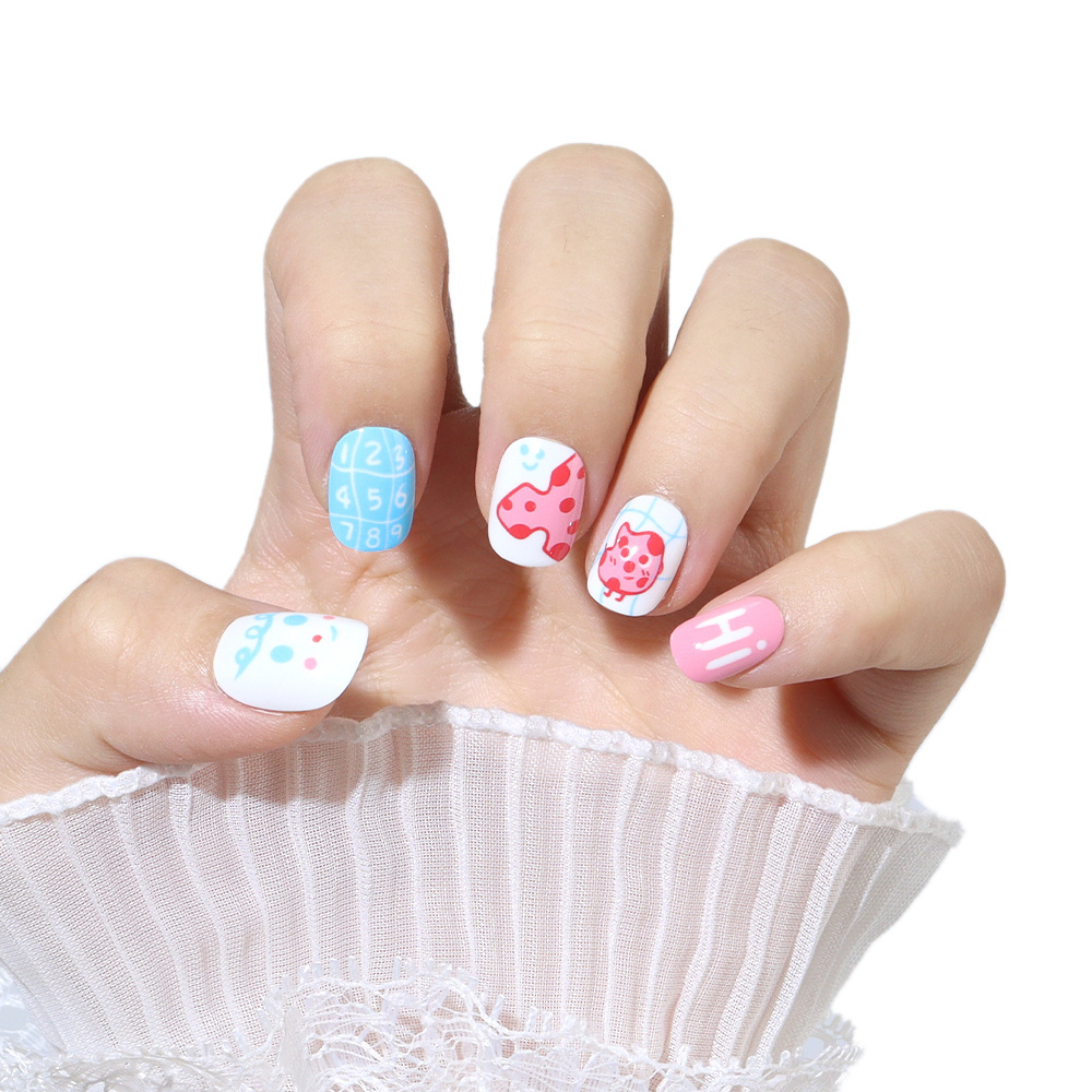 Children Press on Nails 24 Pcs Fake Nail Tips for Kids Acrylic Nails Pre-glue Full Cover Short False Cute Fingernails