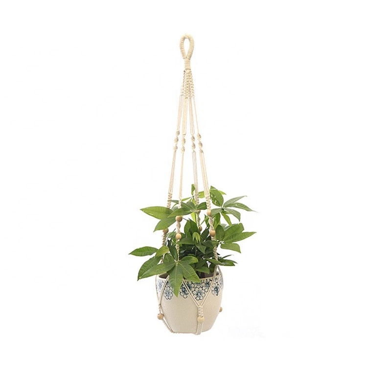 YUJIN Cotton rope  Indoor Hanging Planter Basket with Wood Beads Decorative Flower Pot Holder