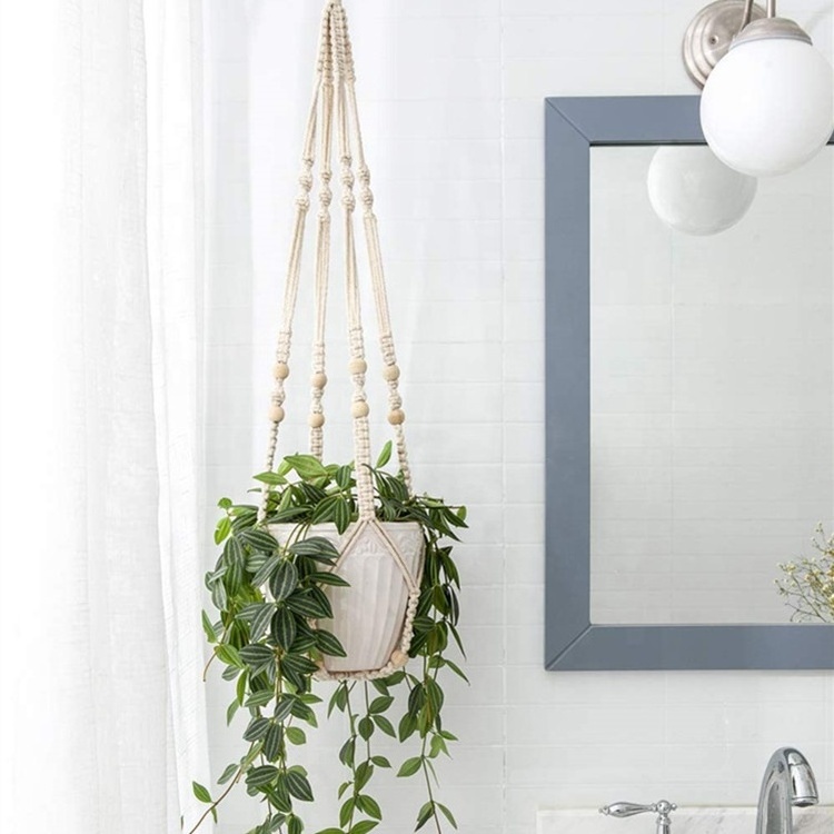 YUJIN Cotton rope  Indoor Hanging Planter Basket with Wood Beads Decorative Flower Pot Holder