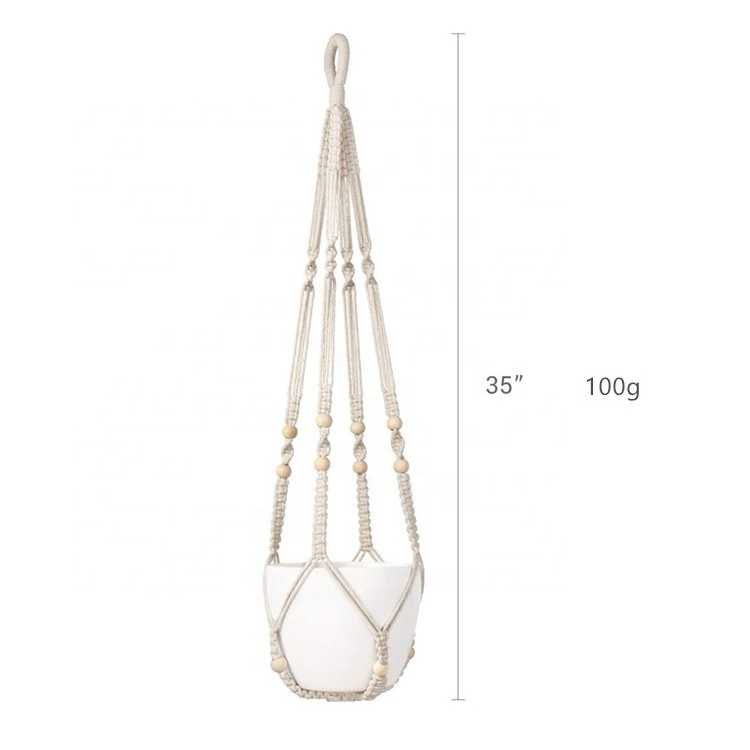 YUJIN Cotton rope  Indoor Hanging Planter Basket with Wood Beads Decorative Flower Pot Holder