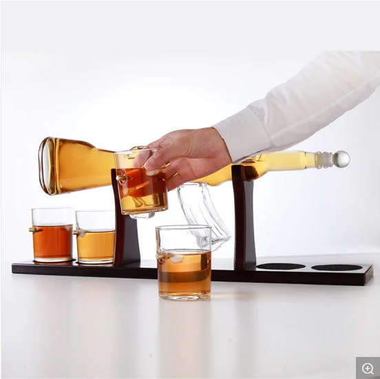 Handmade Blown Glass 800ml Ak 47 Gun Shape Wine Whiskey Decanter Bottle Set with Cups