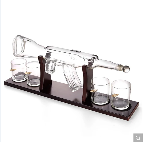 Handmade Blown Glass 800ml Ak 47 Gun Shape Wine Whiskey Decanter Bottle Set with Cups