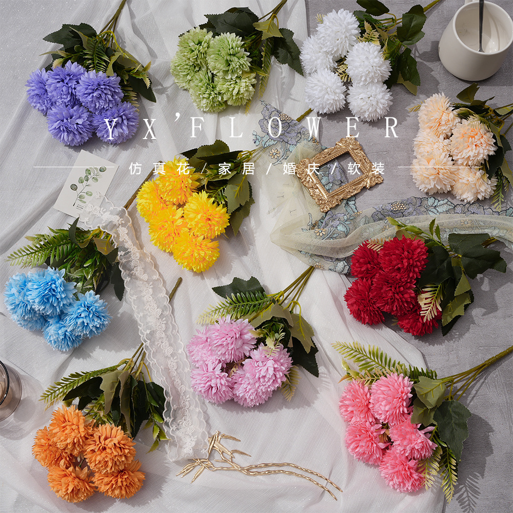 Simulation 5 head chrysanthemum small put simulation flower home chrysanthemum silk flower dandelion flower wedding decoration