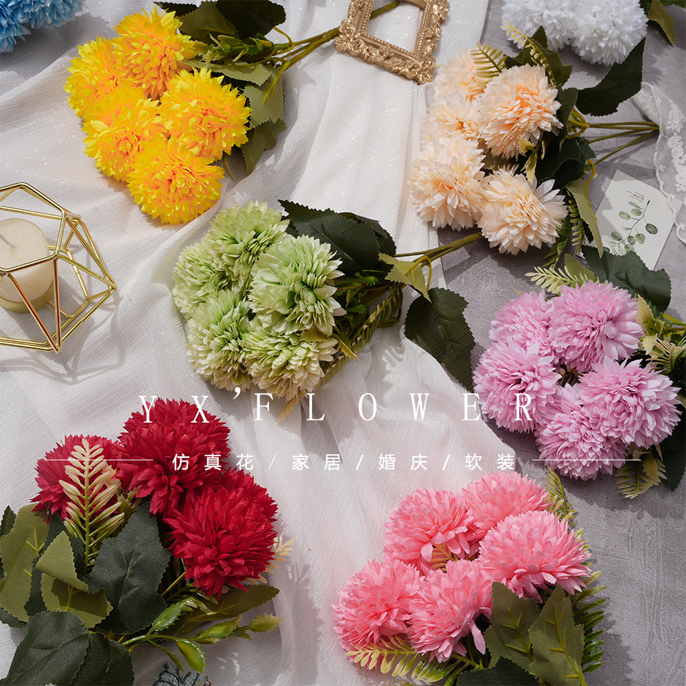 Simulation 5 head chrysanthemum small put simulation flower home chrysanthemum silk flower dandelion flower wedding decoration