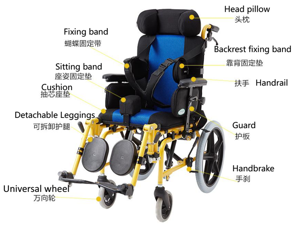 The Newest Direct Panacea Cerebral Palsy Wheelchair Child with Steel Frame Soft Seat and Solid Tire