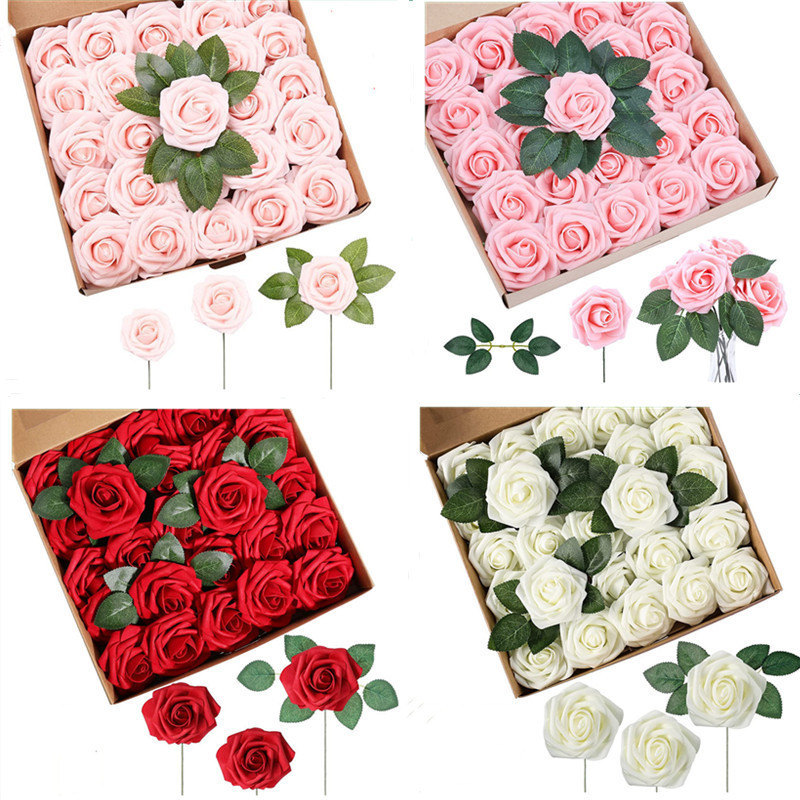 25pcs Real Looking Artificial Flowers floral Foam flower Fake Roses with Stems for DIY Wedding Bouquets Bridal Shower decor