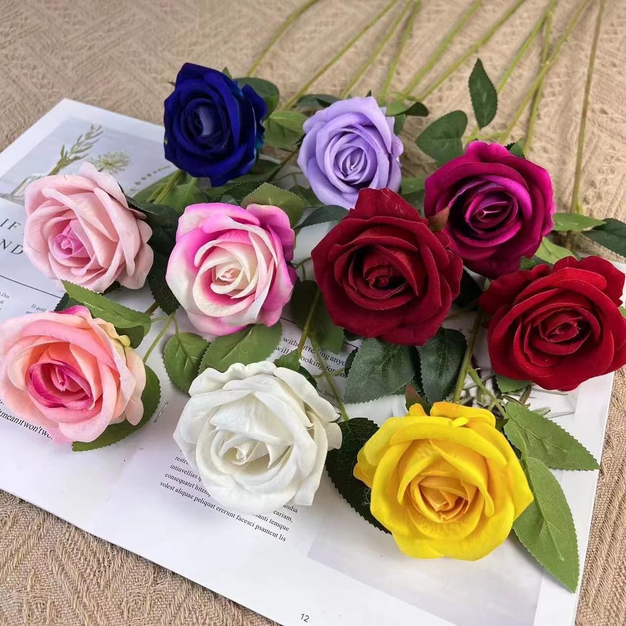 Decorative Objects Single Velvet red roses artificial Lilac flowers bulk for boda Wedding Floral arrangement party decor