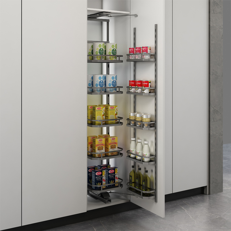 Pull out Single Door Pantry Cabinet Adjustable Height Dispensa Swing Shelves Glass Basket Tall Pull-Out Pantry Unit