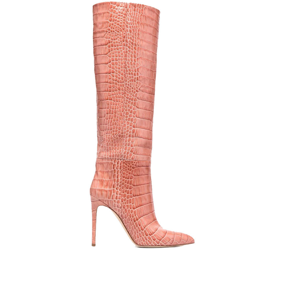 New Arrival Fashion Winter Pink High Heel Pull-on Wide Shaft Women Crocodile Print Knee High Boots