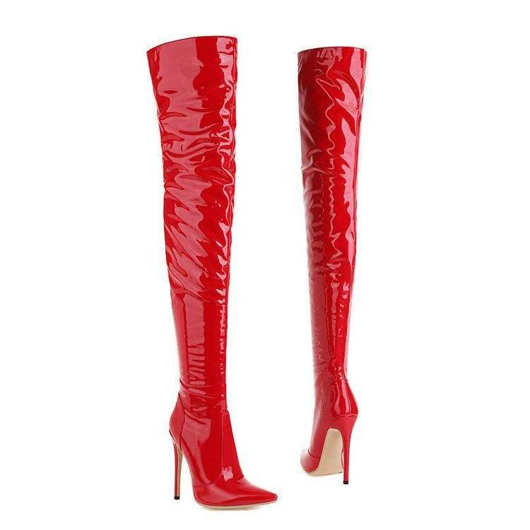 Custom Logo Women Fashion Waterproof Leather Shiny Thigh Long Black Elastic Over the Knee High Boots