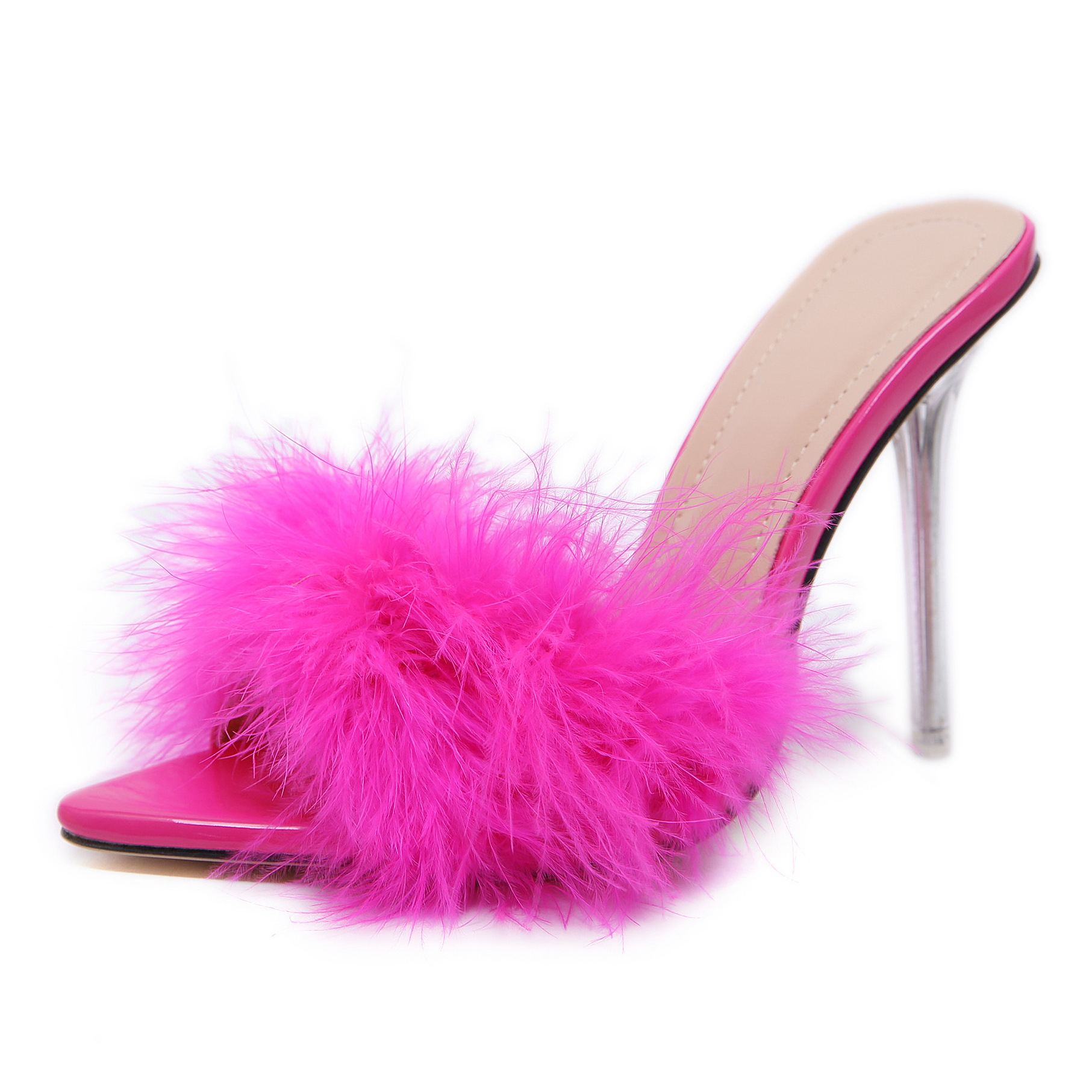 Hot selling custom high heels slippers pointed toe women down stiletto feather sandals