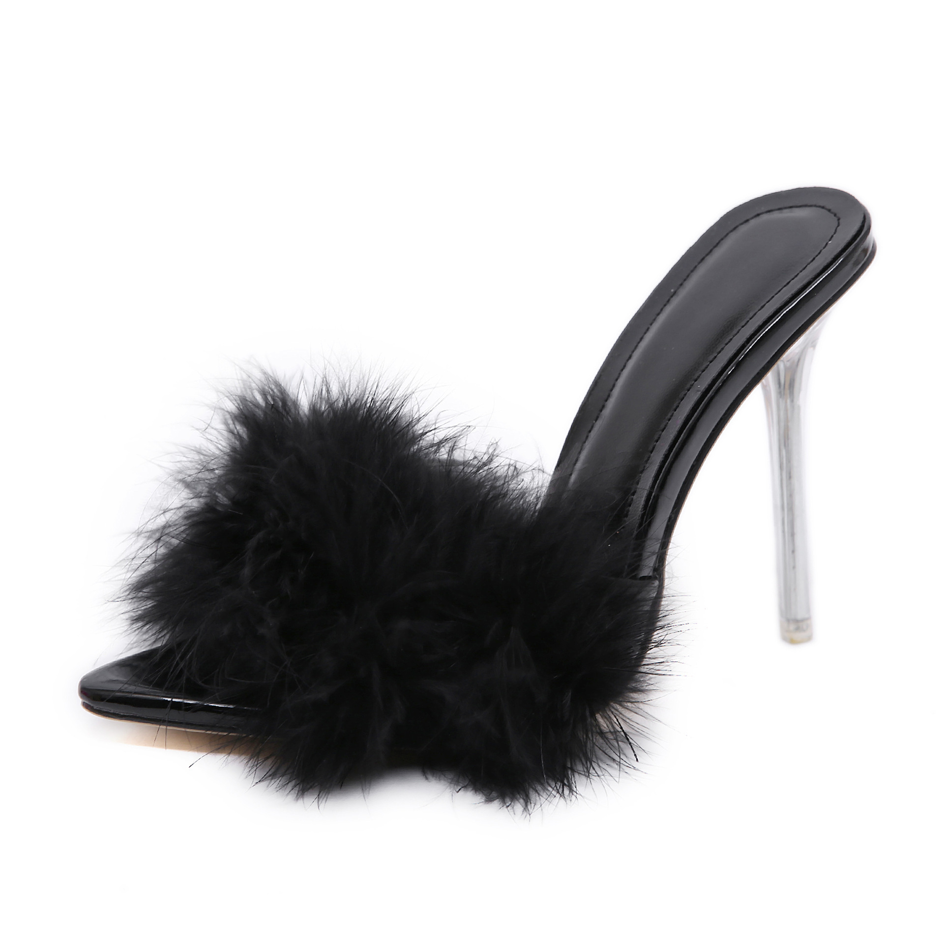 Hot selling custom high heels slippers pointed toe women down stiletto feather sandals