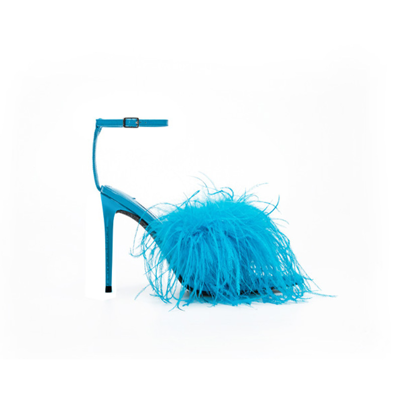 Custom fashion girls thin heels summer straps shoes pointed toe ostrich feather royal blue women sandal high heels