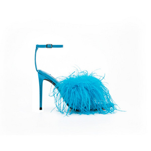 Custom fashion girls thin heels summer straps shoes pointed toe ostrich feather royal blue women sandal high heels