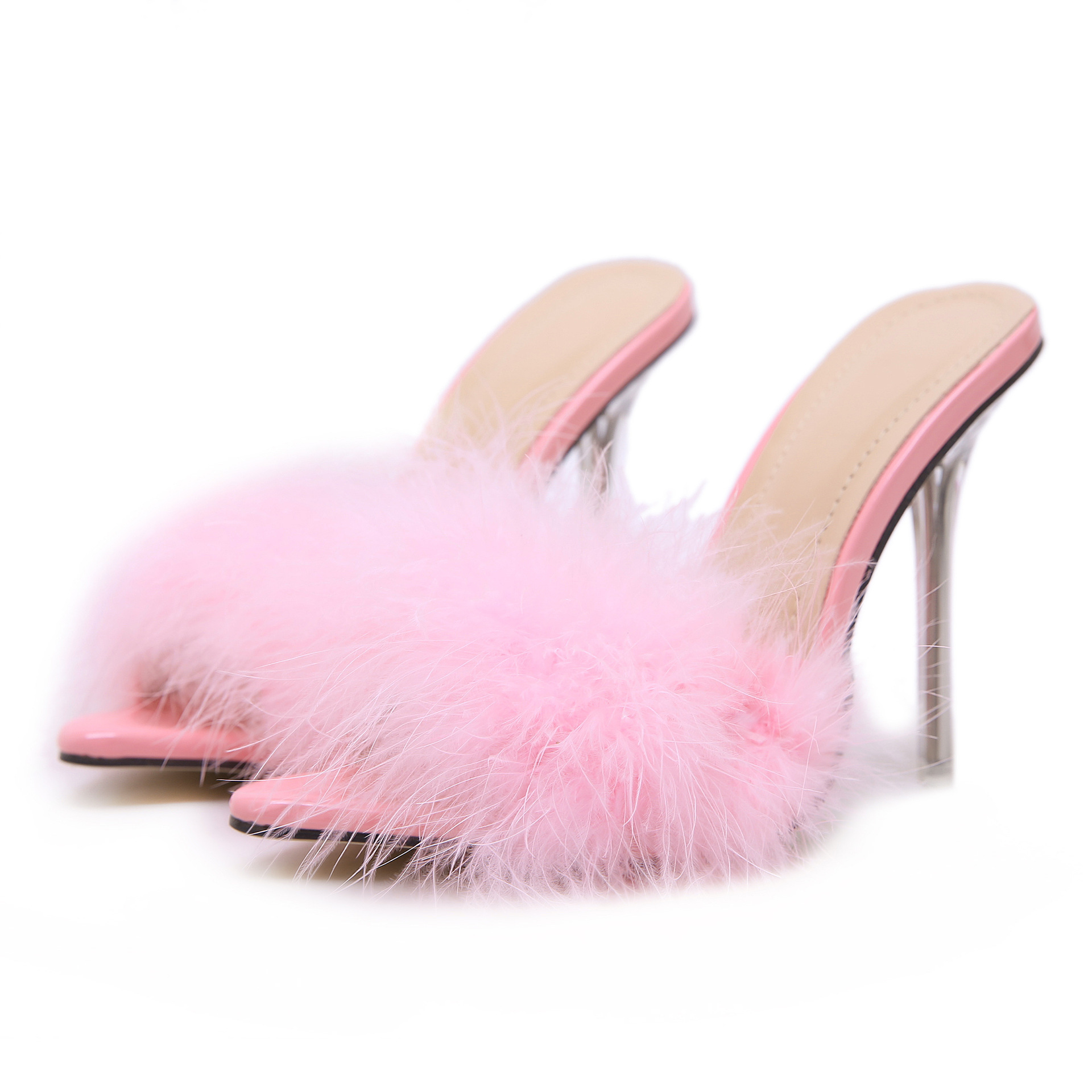 Hot selling custom high heels slippers pointed toe women down stiletto feather sandals