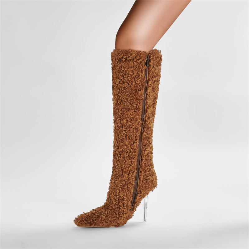 Custom big size brown color winter knee-high boot pointed toe crystal high heel fur lining wool long boots for women with heels