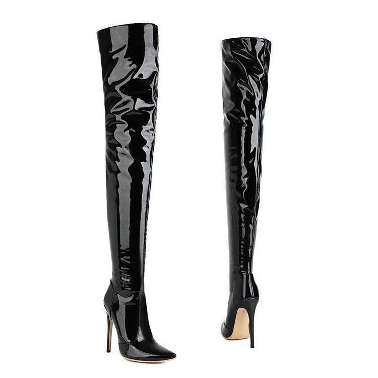 Custom Logo Women Fashion Waterproof Leather Shiny Thigh Long Black Elastic Over the Knee High Boots