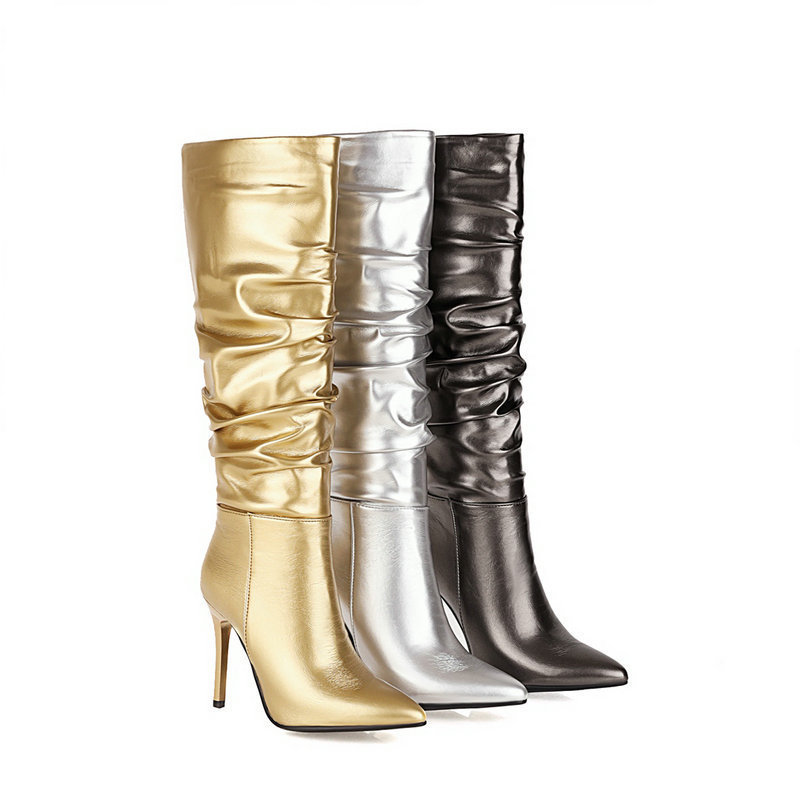 2023 Winter Wide shaft botas de mujer con tacon de cuero arrugado puntiagudo sexy knee high boots for women