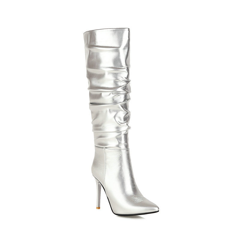 2023 Winter Wide shaft botas de mujer con tacon de cuero arrugado puntiagudo sexy knee high boots for women